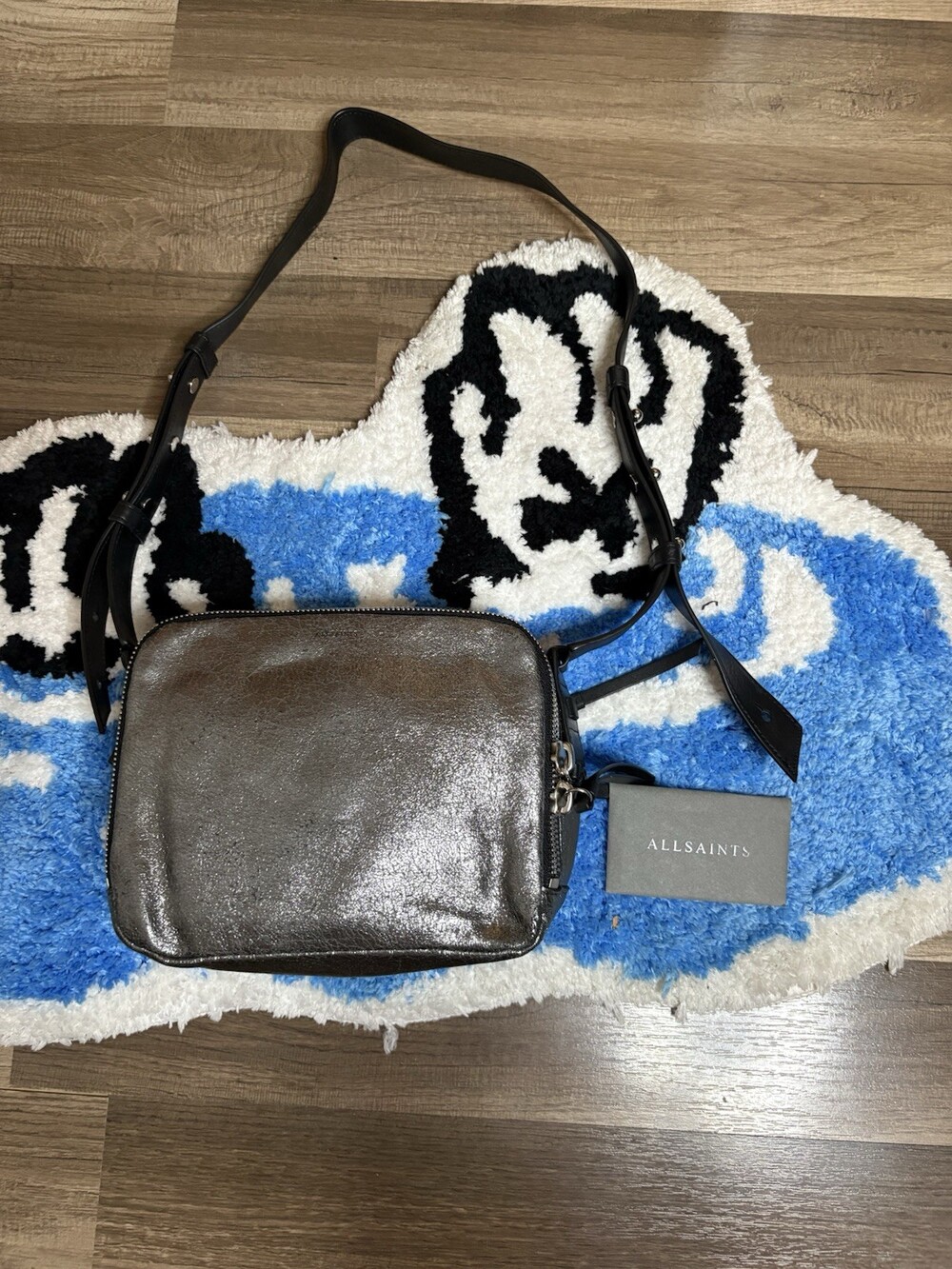 All Saints Metallic Leather Cracked Crossbody Bag With Metal Studs In Lace